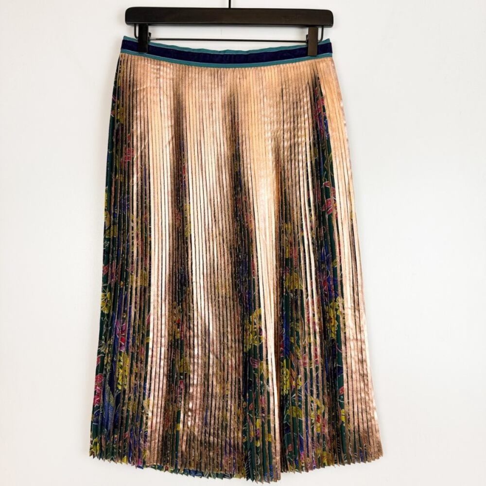 NWOT Anthropologie Maeve Pleated Printed Gold Floral Midi Knee Length Skirt 6 S - Picture 6 of 8